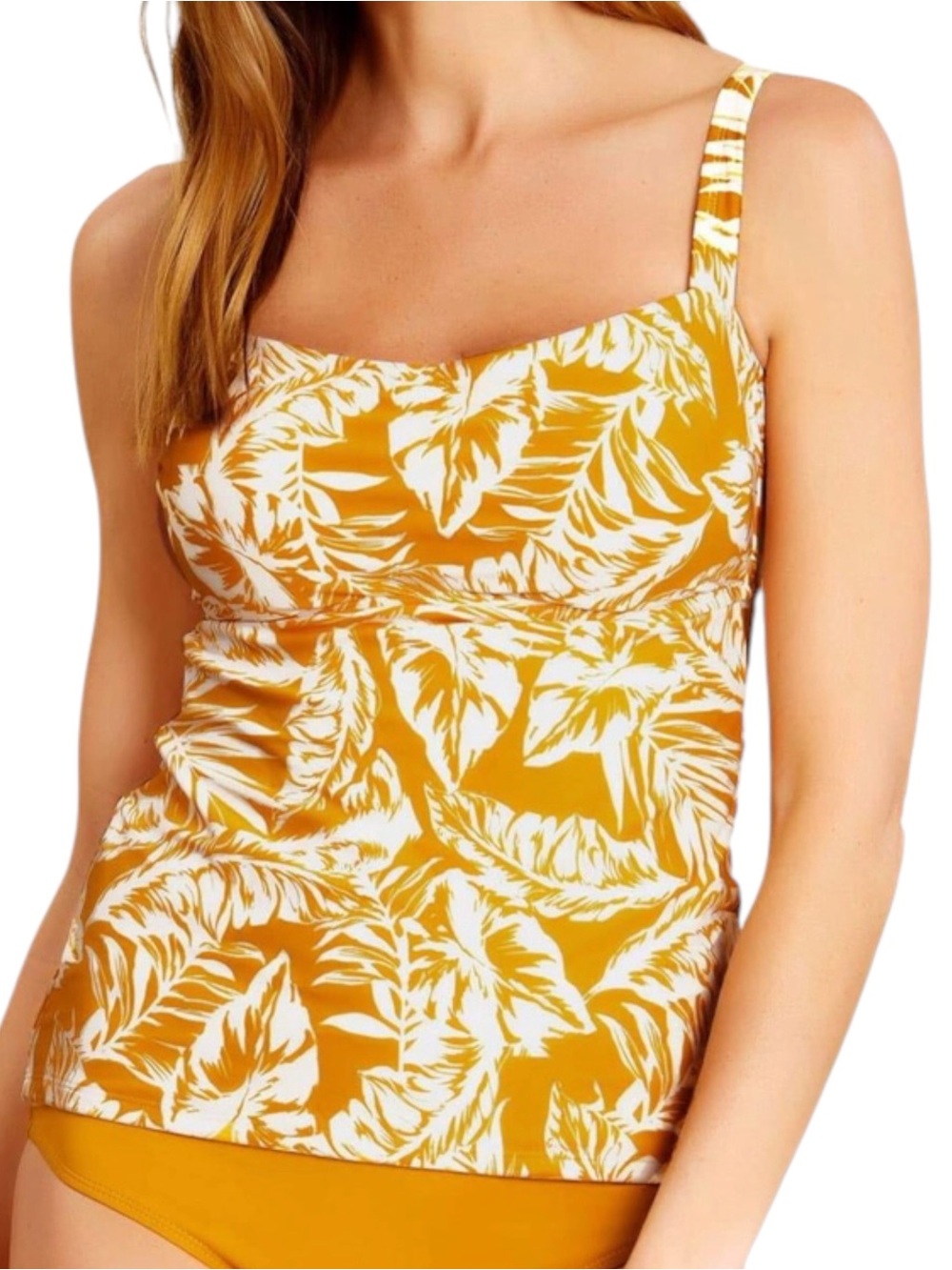 Catalina NWT Mustard Yellow & White Back Tie Tropical Twist Tankini Top SZ L